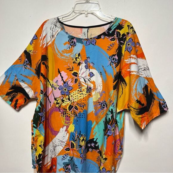 158C Asymmetrical Hem 3/4 Sleeve Abstract and Floral Print Tunic XL - Picture 5 of 14